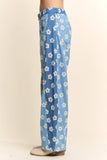 DP67033-FLOWER PRINT WIDE-LEG CULOTTE PANTS: Denim Blue / S
