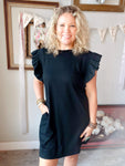 Ribbed Ruffle Sleeve Black Dress