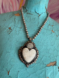 Tibetan Carved Bone Sacred Heart Necklace on Navajo Pearls