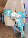 Handcrafted Leather Belt - Turquoise with Flowers