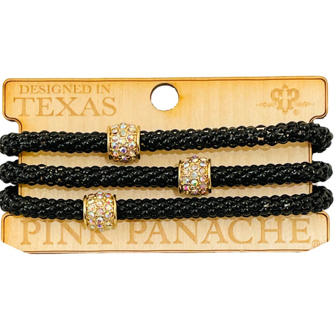 Pink Panache 3-strand woven black bracelet set with AB pave rondelles
