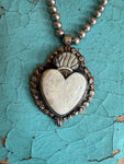 Tibetan Carved Bone Sacred Heart Necklace on Navajo Pearls