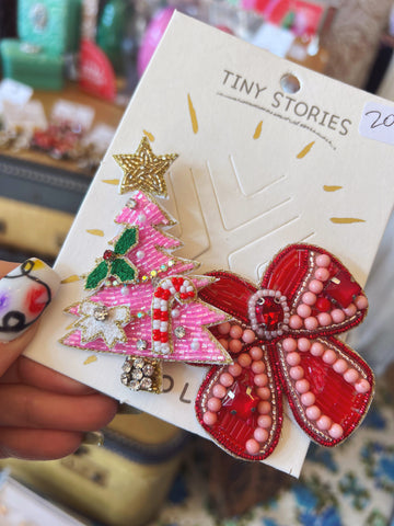 Pink Tree/Bow Christmas Pins