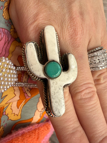 Tibetan Cactus Carved Bone & Turquoise Ring