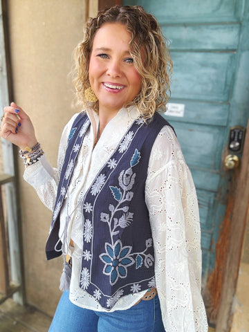 Midnight Bloom Embroidered Gauze Vest
