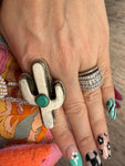 Tibetan Cactus Carved Bone & Turquoise Ring