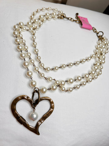 Carol Su Triple Strand Pearl Heart Necklace