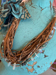 A Rare Bird Turquoise Leather Flower Fringe & Bead Necklace