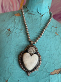 Tibetan Carved Bone Sacred Heart Necklace on Navajo Pearls