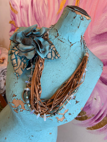 A Rare Bird Turquoise Leather Flower Fringe & Bead Necklace