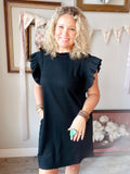 Ribbed Ruffle Sleeve Black Dress