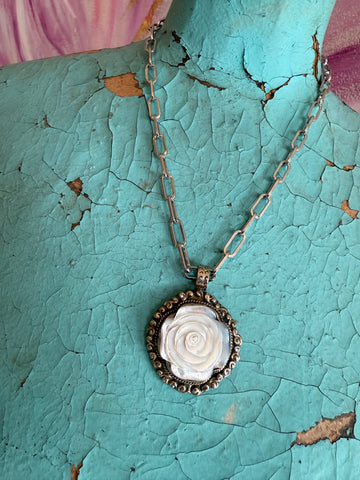 Tibetan Mother of Pearl Carved Flower Necklace