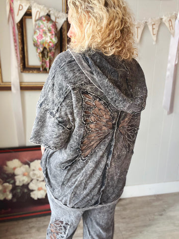 Charcoal Lace Butterfly Short Sleeve Cardi