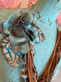 A Rare Bird Turquoise Leather Flower Fringe & Bead Necklace