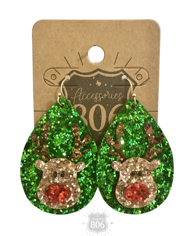 806 Sequin Teardrop Christmas Earring - Rudolph
