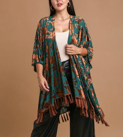 Teal & Brown Velvet Tassel Kimono