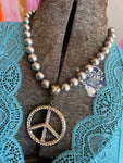 Antique Brass Peace Rhinestone Necklace