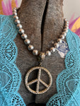 Antique Brass Peace Rhinestone Necklace