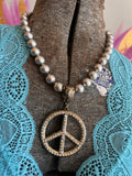 Antique Brass Peace Rhinestone Necklace