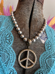 Antique Brass Peace Rhinestone Necklace