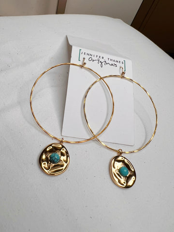 Jennifer Thames Gold Dipped Turquoise Drop Hoop Earrings