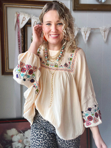 Embroidered Gauze Peasant Blouse