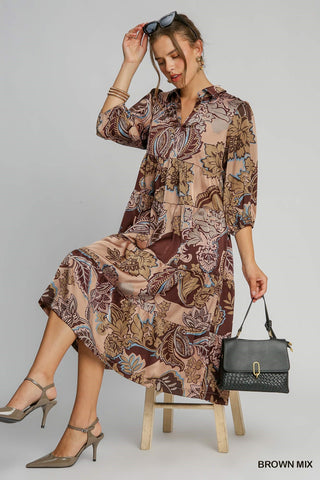 Brown Paisley Print Satin Midi Dress