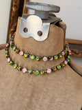 Pink green and AB crystal necklace styled doubled