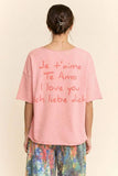 DT50368-GARMENT WASHED LOVE PRINTED SHORT SLEEVE TOP: Pink / M