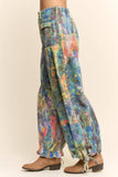 DP60016-PRINTED DENIM WIDE OPENING MID-HIGH WAIST PANTS: LIME GREEN COBALT / M