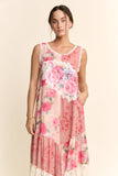 DD60145-PRINT FLOWER PATCHWORK LACE TIERED DRESS: Pink Multi / S-M-L(2-2-2)