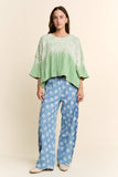 DP67033-FLOWER PRINT WIDE-LEG CULOTTE PANTS: Denim Blue / S