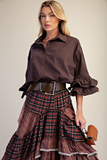 Chocolate brown cotton poplin blouse with double ruffle sleeves