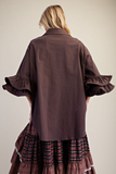Back view of chocolate brown double ruffle sleeve cotton poplin blouse