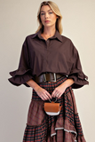 Chocolate brown oversized cotton poplin blouse with flutter ruffle cuffs