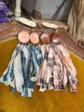 Button & Boho Fringe Earrings by A Rare Bird in Blue and Blush Plaid