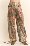 DP60016-PRINTED DENIM WIDE OPENING MID-HIGH WAIST PANTS: LIME GREEN COBALT / M