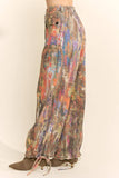 DP60016-PRINTED DENIM WIDE OPENING MID-HIGH WAIST PANTS: LIME GREEN COBALT / S