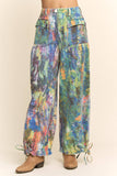DP60016-PRINTED DENIM WIDE OPENING MID-HIGH WAIST PANTS: LIME GREEN COBALT / M