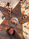 Copper-colored armadillo on textured round pendant with reddish jasper drop and chunky mixed-metal-tone links by Art By Amy