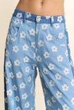 DP67033-FLOWER PRINT WIDE-LEG CULOTTE PANTS: Denim Blue / M