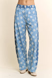 DP67033-FLOWER PRINT WIDE-LEG CULOTTE PANTS: Denim Blue / S