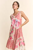 DD60145-PRINT FLOWER PATCHWORK LACE TIERED DRESS: Pink Multi / S-M-L(2-2-2)