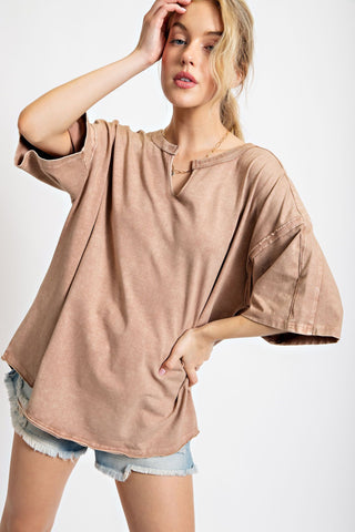 Washed Cotton Notched Tee - Camel