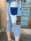 Hidden Trails Shorts by Jaded Gypsy with floral appliqués and camouflage cargo pockets