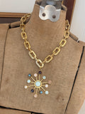 Close-up of Jennifer Thames multicolor gemstone sunburst pendant necklace