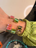 WAFA open cuff bracelets with triple baguette Austrian crystals in pink, green, and smoke purple