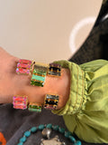 WAFA open cuff bracelets with triple baguette Austrian crystals in pink, green, and smoke purple