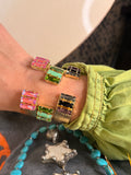WAFA open cuff bracelets with triple baguette Austrian crystals in pink, green, and smoke purple