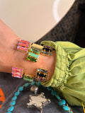 WAFA open cuff bracelets with triple baguette Austrian crystals in pink, green, and smoke purple